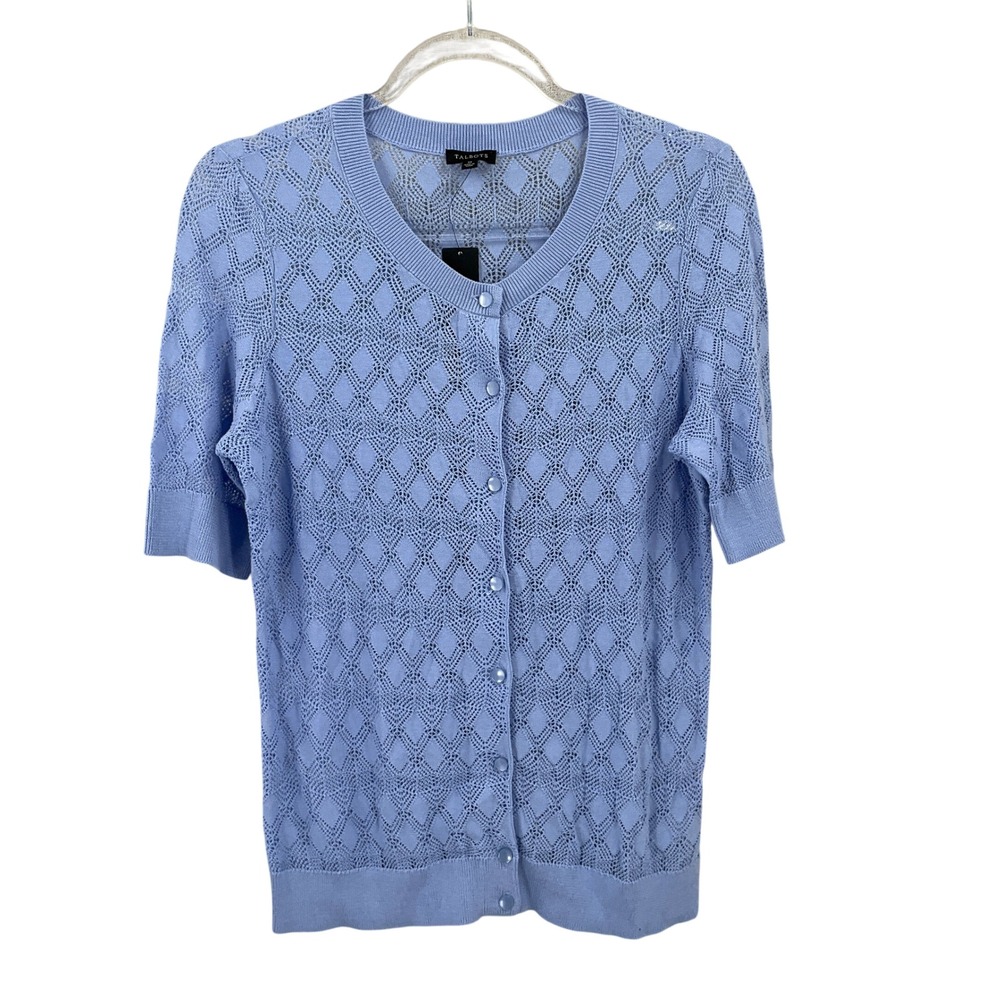 Talbots Cardigan Womens M Light Blue Pointelle Diamond Knit Short Sleeve Classic